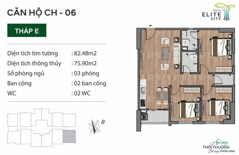 Căn hộ chung cư 3PN DT 82m2 giá 1,6 tỷ VND tại Tecco Elite City, Thái Nguyên