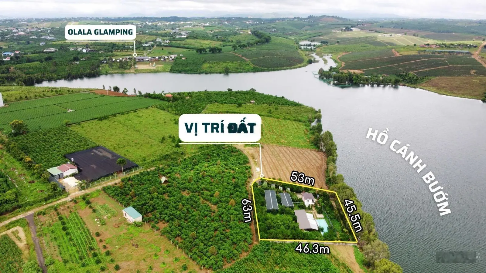 Đất đẹp hồ Cánh Bướm, có sẵn nhà vườn, bể bơi, cafe, camping, DT 2596.2m2 tiếp giáp mặt hồ 45m