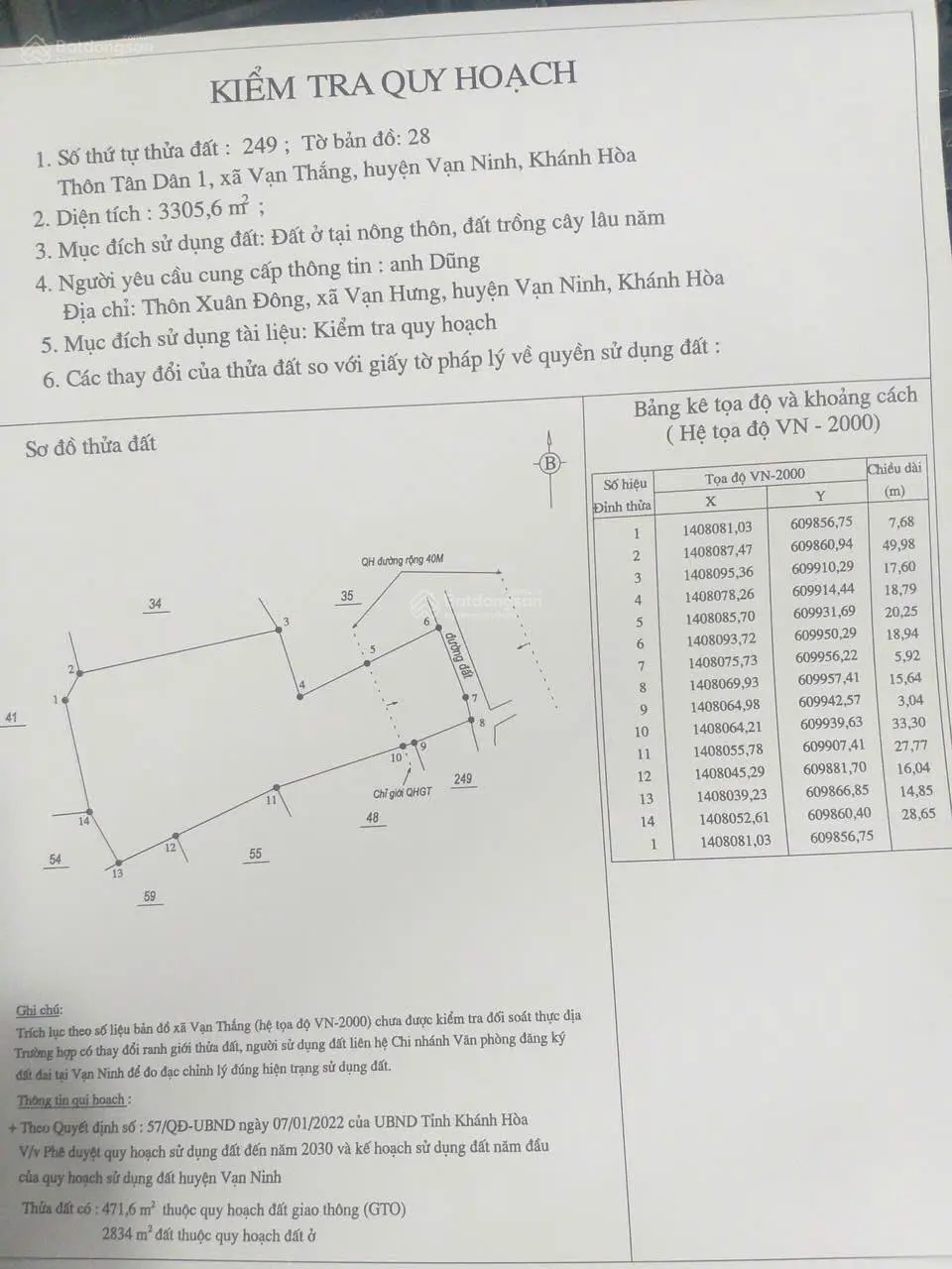 BÁN 3305,6m2 đất ở tại Tân Dân 2, Vạn Thắng, Vạn Ninh, Khánh Hòa ( Phân khu 8, Khu KT Vân Phong )