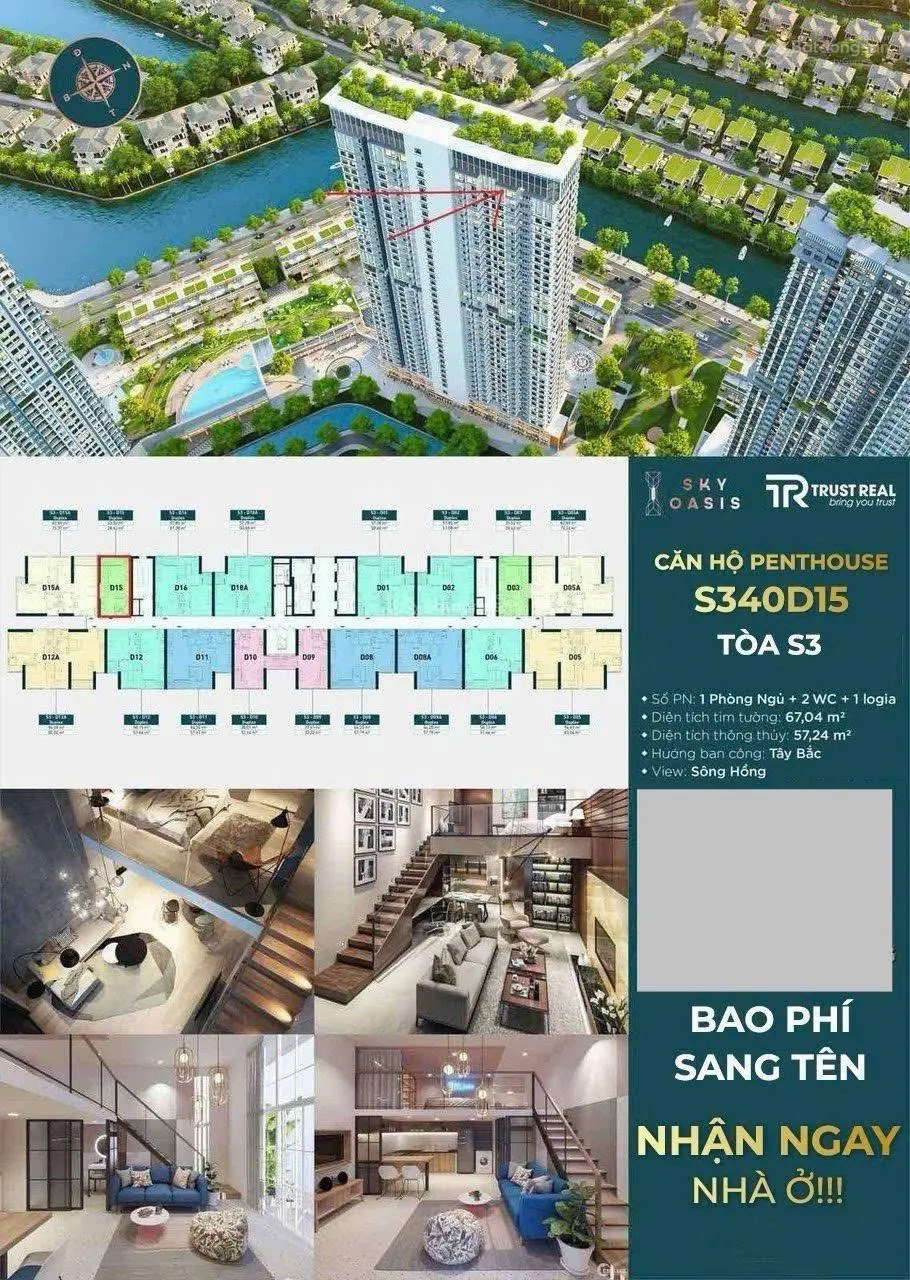 Bán duplex, penthouse Sky Oasis trần cao, full kính ngắm hoàng hôn, view sông Hồng