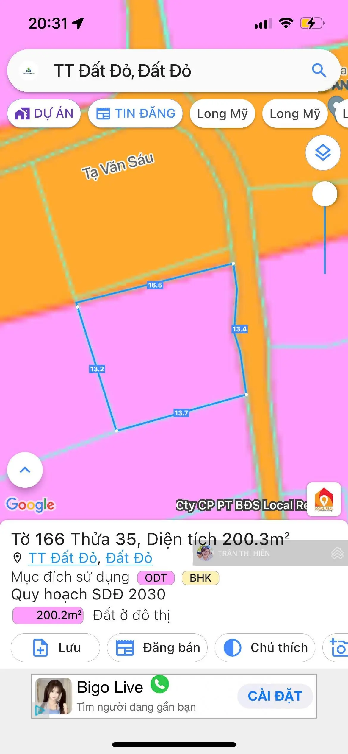 LÔ GÓC 2 MẶT TIỀN ĐƯỜNG TẠ VĂN SÁU (ĐƯỜNG QH SỐ 2) -TRUNG TÂM THỊ TRẤN ĐẤT ĐỎ - 16MX13M FULL THỔ CƯ