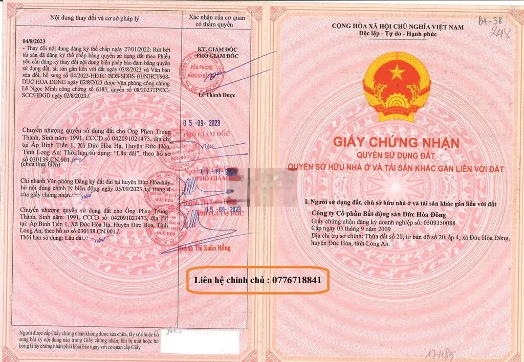 Bán 650tr lô đất ở sổ hồng riêng. DT 70m2 tại Long An giáp Bình Chánh.