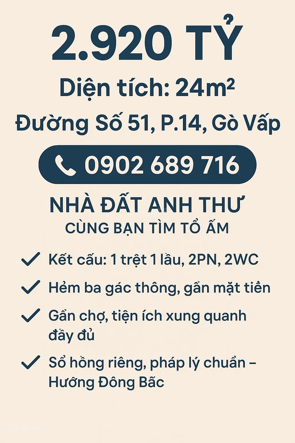 Bán NR tại Đường Số 51, Gò Vấp, 2,92 tỷ, 24m2, hàng hiếm với 2PN + 2WC