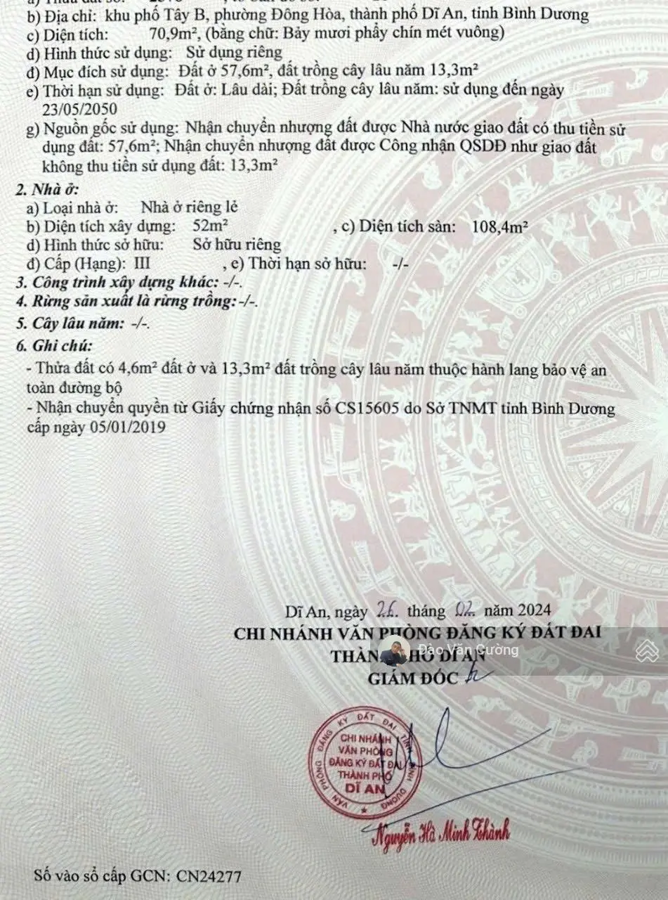Nhà lầu hoan công 108m2 giá 3.7tỷ đường Trần Hưng đạo gần ngã ba cây lơn phường đông hoà tp dĩ an