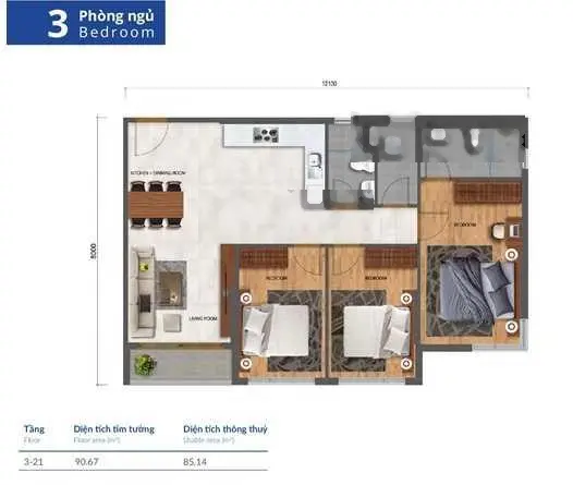 Bán căn hộ 3 phòng ngủ 90.7m2 nội thất cao cấp view sông giá chỉ 4 tỷ 390 - Dự án Safira Khang Điền
