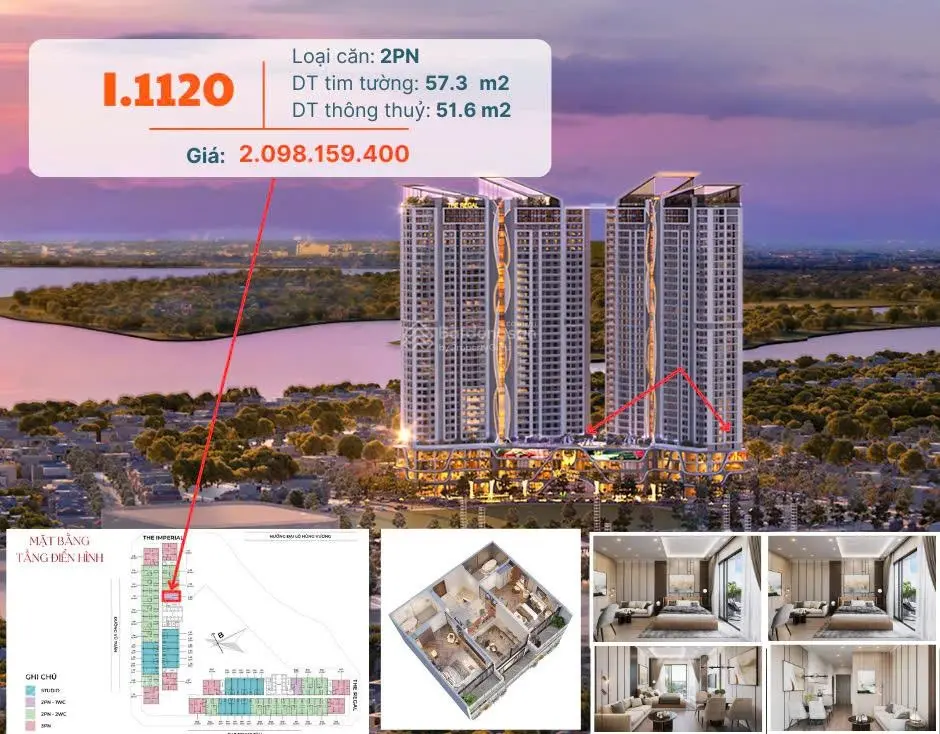 Dự án hàng đầu Vic Grand Square 52m2 2PN, 2WC tầng đẹp hướng mát giá 2,098 tỷ