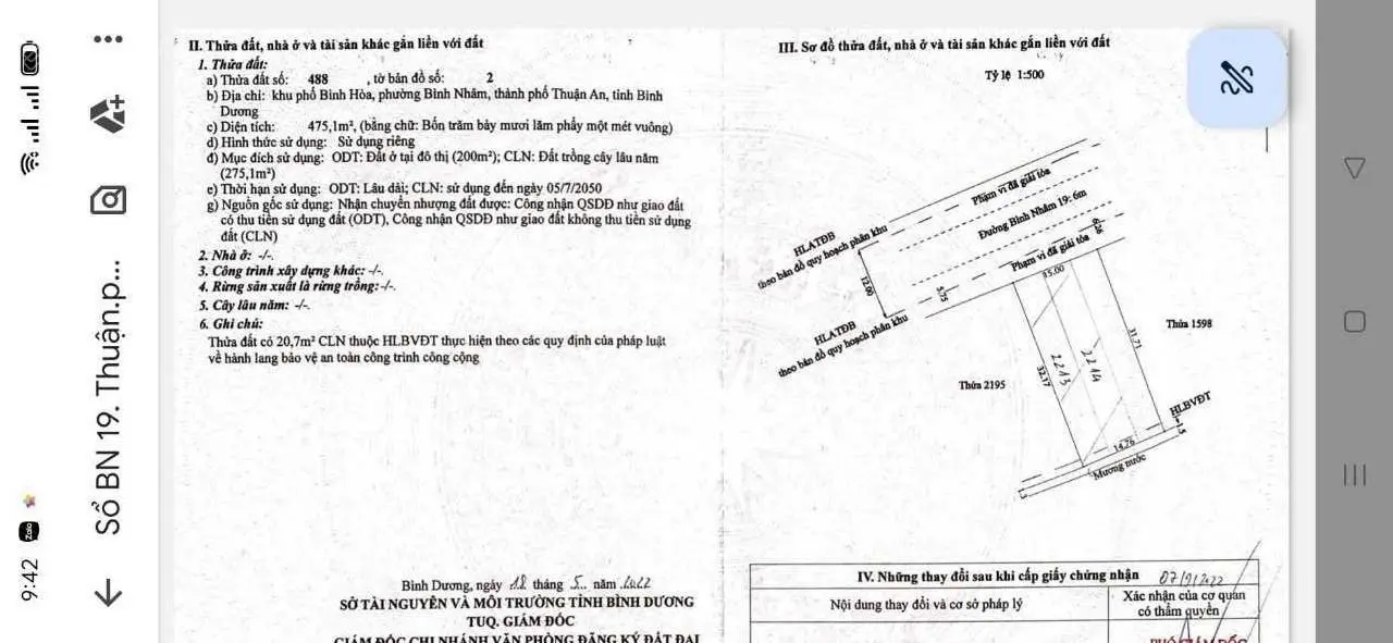 Cần bán đất sổ riêng mặt tiền nhựa Bình Nhâm 19