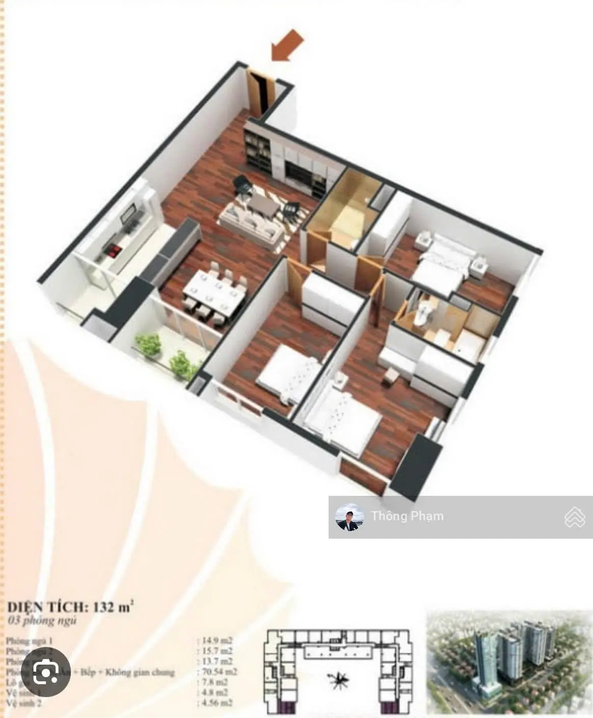 Chủ nhà gửi bán căn hộ 132m2- 3 phòng ngủ 2wc- ban công Đông Nam- bàn giao nhà ngay- 7 tỉ