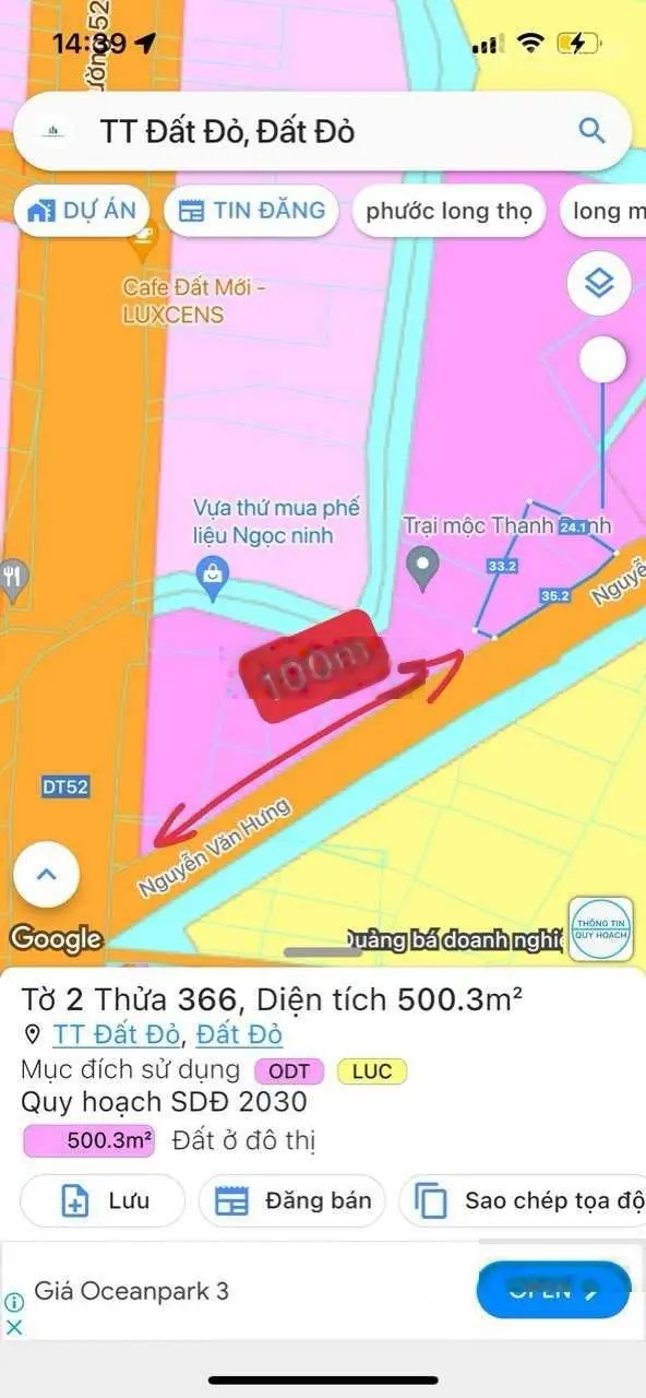 Mặt tiền Nguyễn Văn Hưng - TT Đất Đỏ - cách Tỉnh Lộ 52 100m DT 500m2 giá 2tỷ300